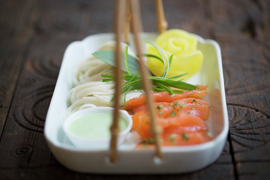 Salmon And Noodles With A Radish Rose And Wasabi japan Photograph by Eising Studio