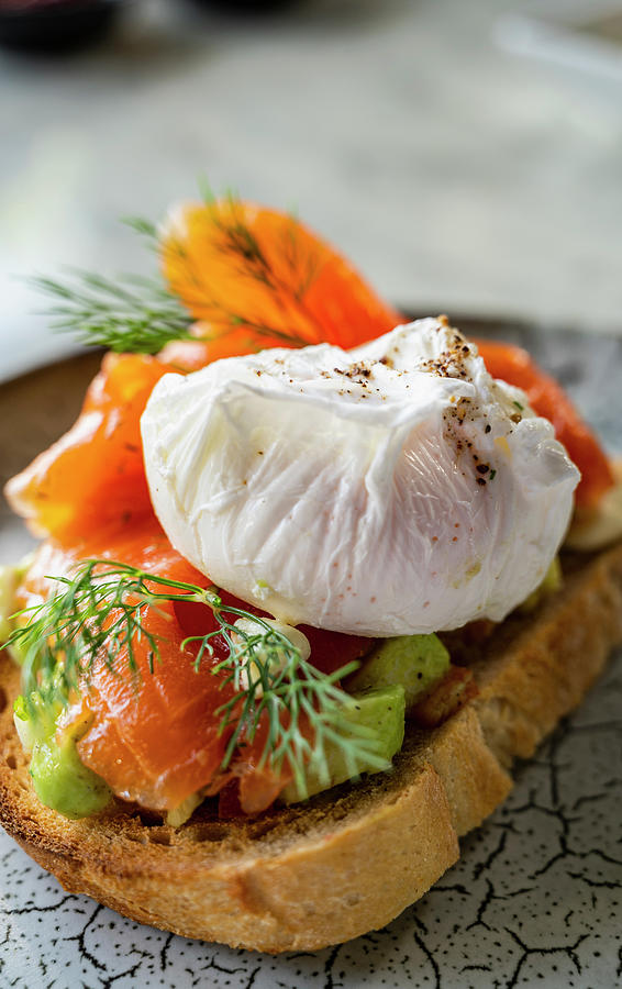 Salmon Bruschetta With Avocado And Poached Egg Photograph by Cavan ...