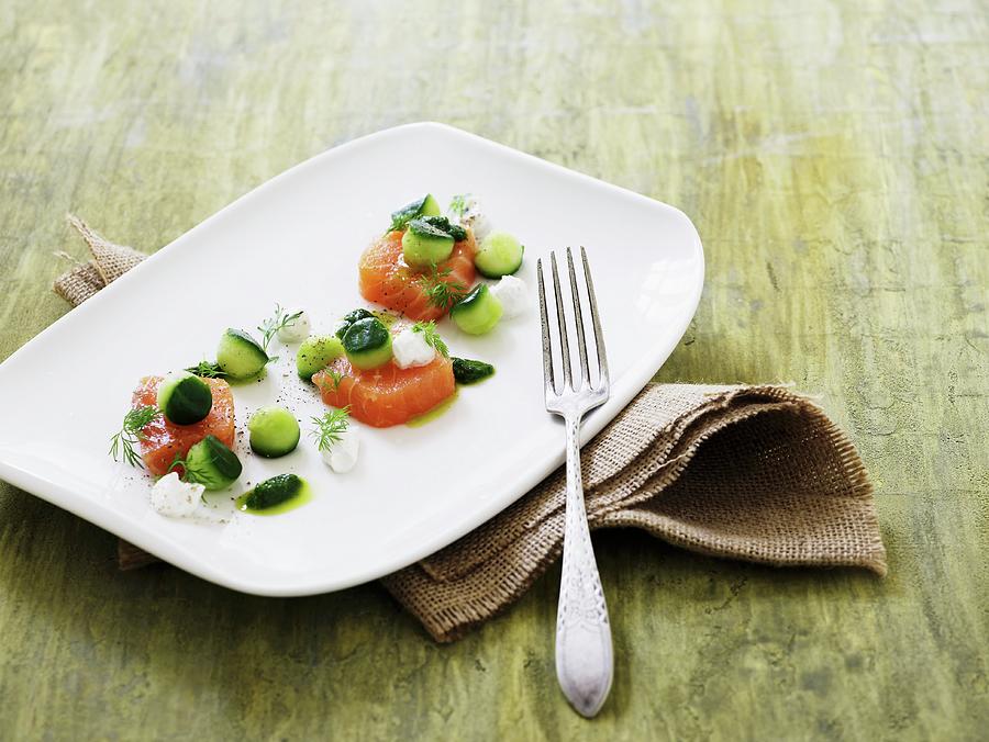 Salmon Canapes With Cucumber Balls And Mini Mozzarella Photograph by Mikkel Adsbl