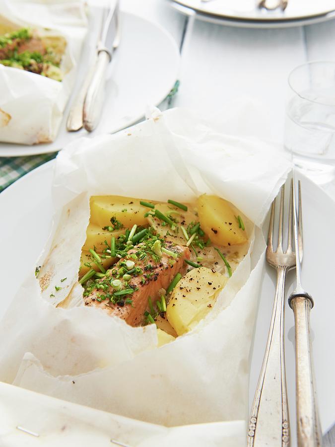 Salmon En Papilloto With Chinese Cabbage, Potatoes And Chives Photograph by Hannah Kompanik
