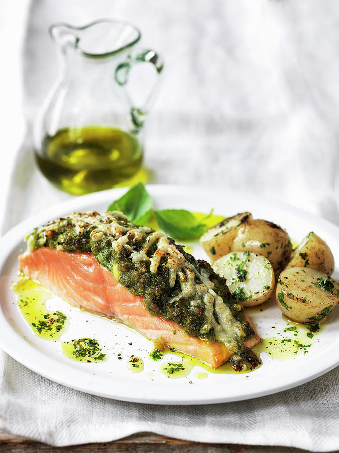 Salmon Fillet With Crusted Pecorino Pesto Topping With Olive Oil Photograph by Michael Paul