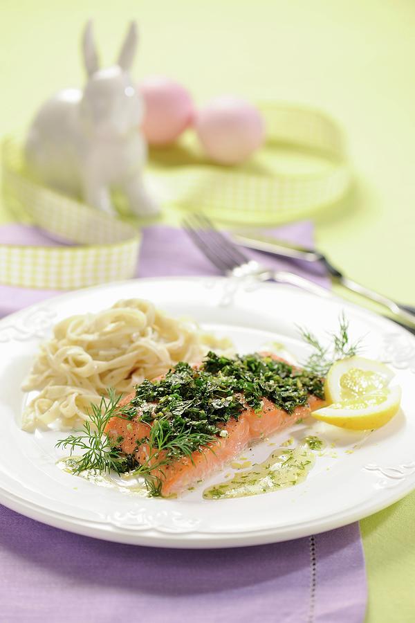 Salmon Fillet With Spinach And Tagliatelle For Easter Photograph by Antje Plewinski