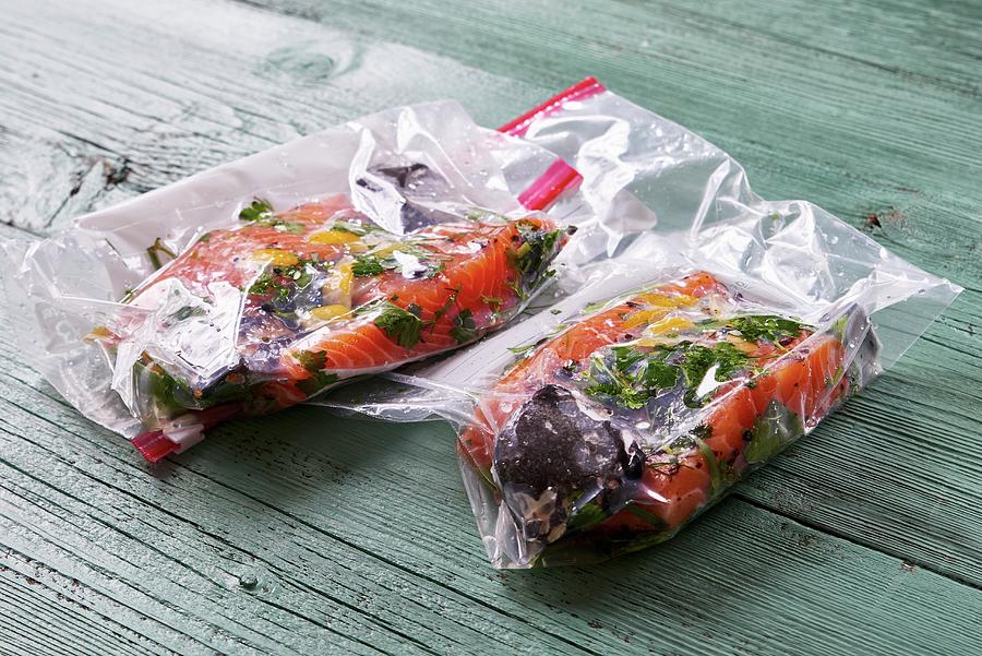 Fish Photograph - Salmon In Plastic Bags From The Sous-vide by Hans Gerlach