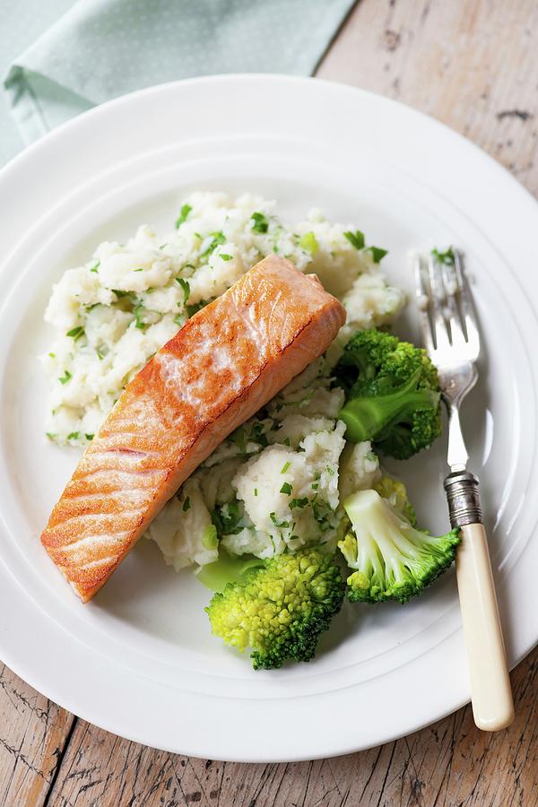 Salmon On Parsley Pure With Broccoli Photograph by Jonathan Short