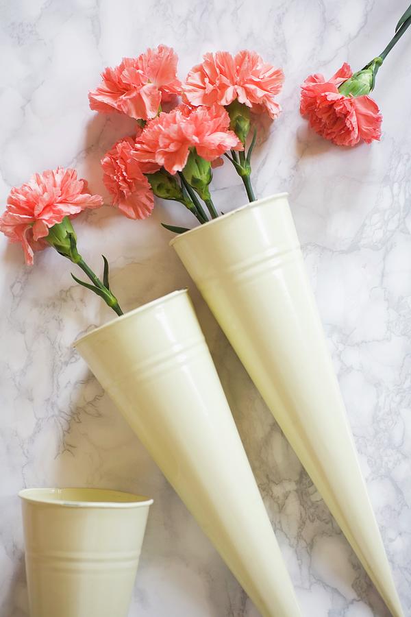 Salmon-pink Carnations In Conical Metal Vases On Marble Surface Photograph by Alicja Koll