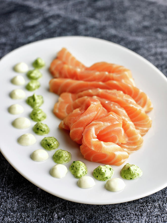 Salmon Sashimi With Dips On A Serving Platter japan Photograph by Herbert Lehmann