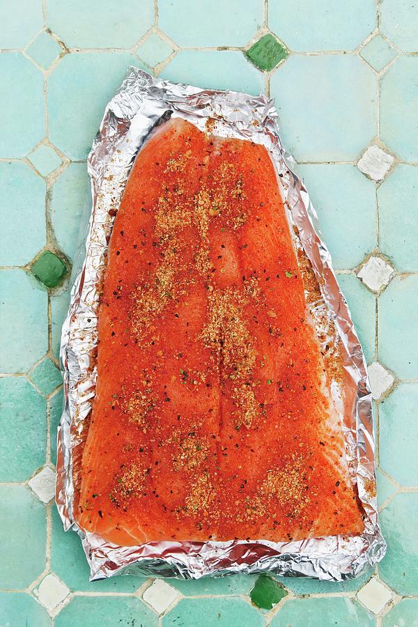 Salmon Sprinkled With Grilling Spices On A Piece Of Aluminium Foil Photograph by Petr Gross