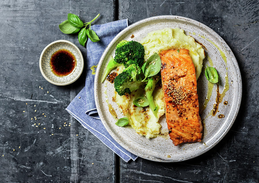 Salmon Steak With Mashed Potatoes And Broccoli Photograph by Thys