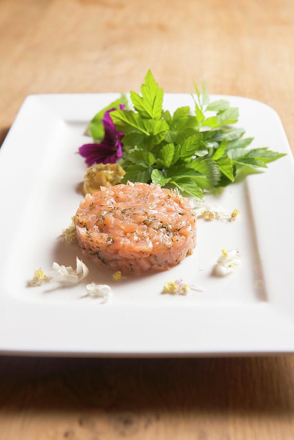 Salmon Tartar With Wild Herb Salad And Primrose Mayonnaise Photograph by Jalag / Michael Schinharl