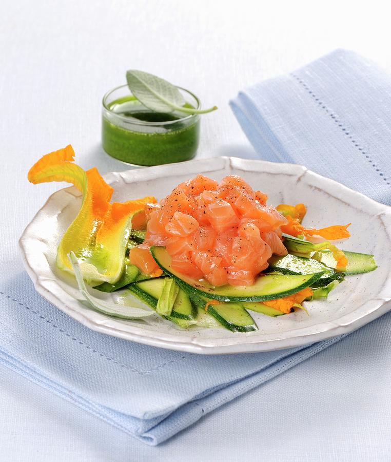 Salmon Tartare On A Courgette Medley With A Herb Sauce Photograph by Franco Pizzochero