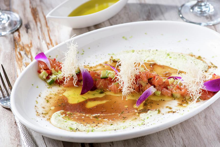 Salmon Tartare With Cucumber And Ginger Salsa And Wasabi Aioli