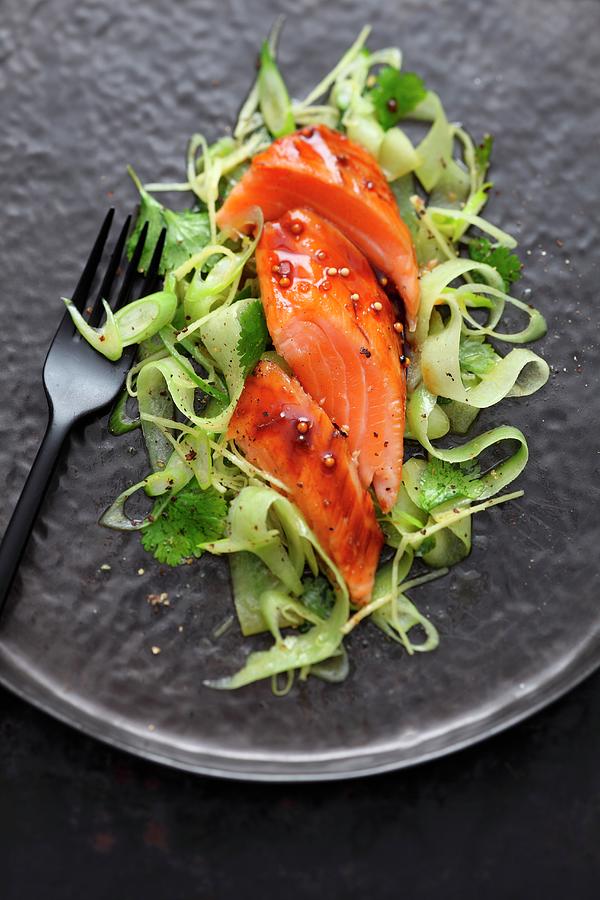 Salmon With A Mustard Glaze And A Cucumber Salad Photograph by Jalag / Mathias Neubauer