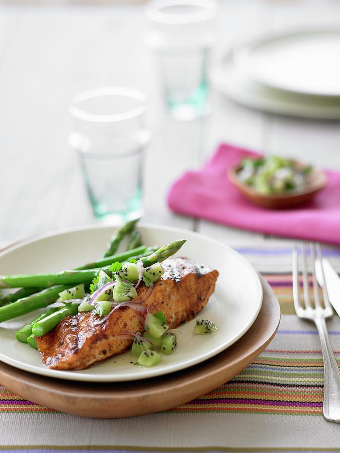 Salmon With Asparagus And Kiwi Salsa Photograph by Leigh Beisch Fine