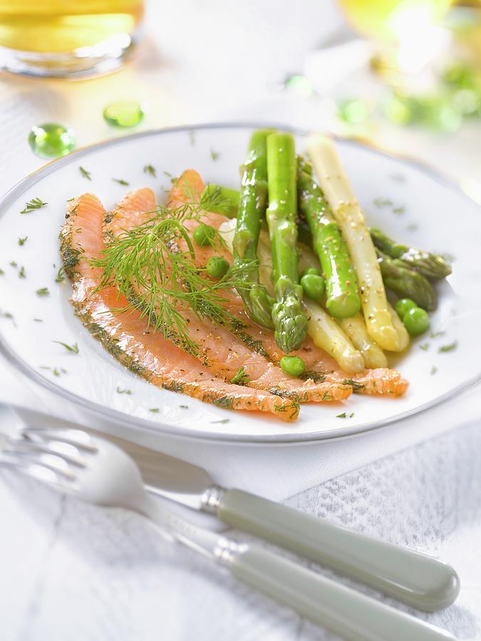 Salmon With Dill, Green And White Asparagus Photograph by Studio