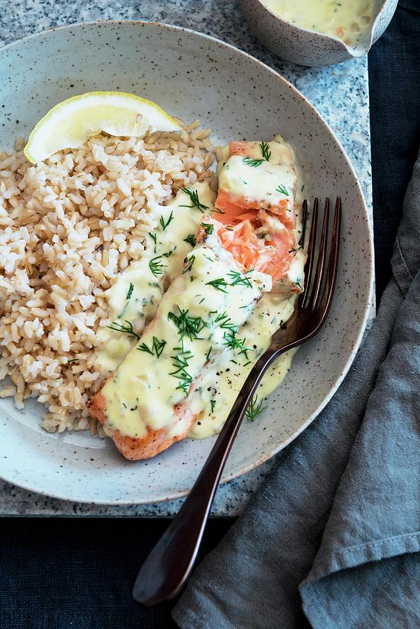 Salmon With Dill Sauce And Rice Photograph by Veronika Studer