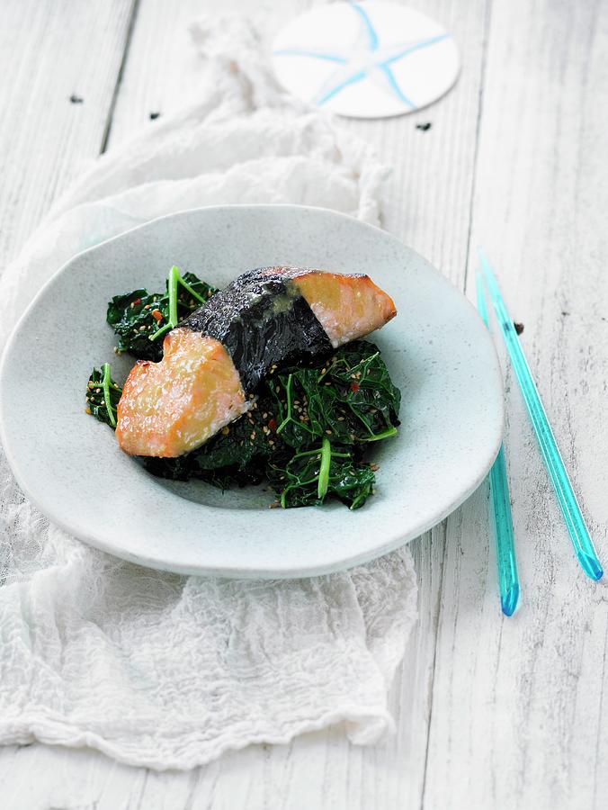 Salmon Wrapped In Nori On A Bed Of Kale Photograph by Leigh Beisch