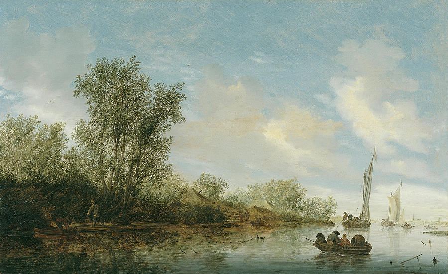 Salomon Jacobsz. van Ruysdael -Naarden, ca. 1600-Haarlem, 1670-. A River with Fishermen -1645-. O... Painting by Salomon van Ruysdael -c 1600-1670-