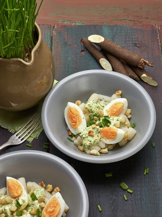 Salsify And Egg Salad With Chive Dressing And Butter Croutons Photograph by Volker Dautzenberg