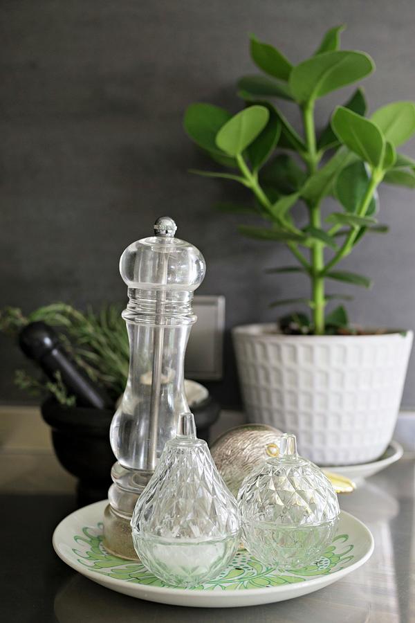 Salt Cellar And Pepper Mill On Plate In Front Of Grey Wall Photograph by Cecilia Mller