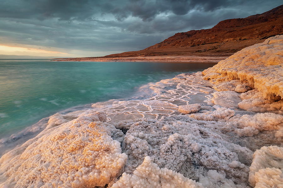 Salt Crystals On The Shore In The Evening Light, Dead Sea, Jordan Valley, Jordan Digital Art by Reinhard Schmid