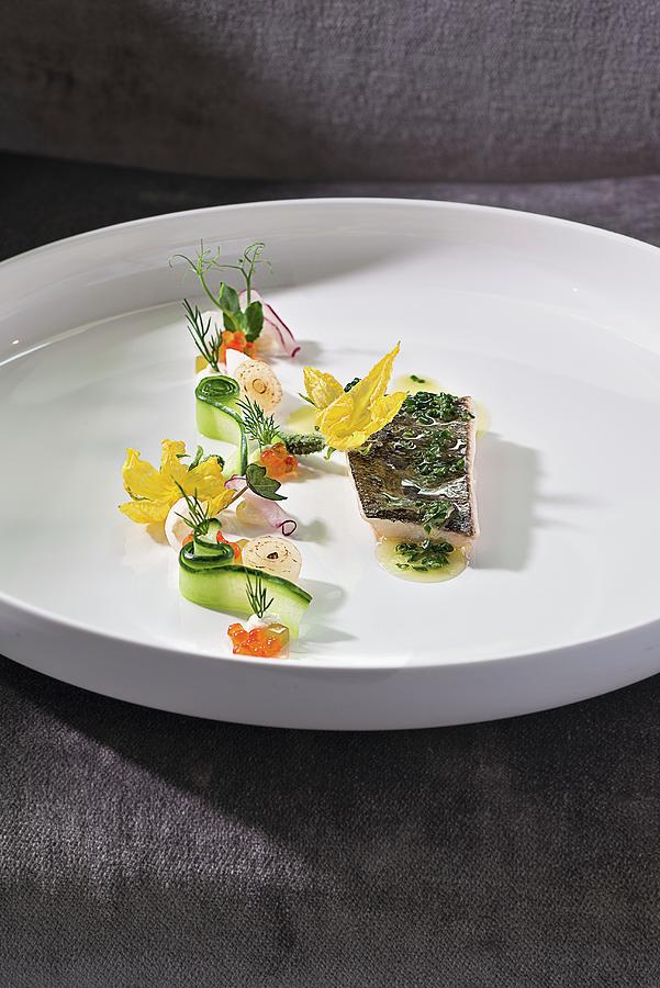 Salt Fish With Cucumber And Radishes From The aubergine Restaurant oberbayern, Germany Photograph by Jalag / Michael Schinharl