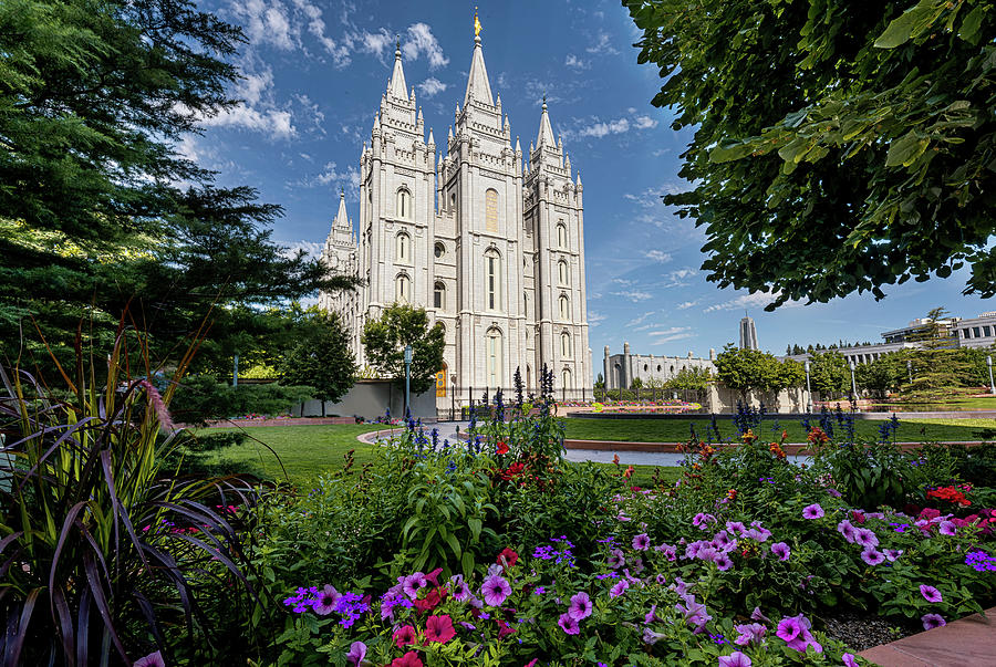 Salt Lake City LDS Temple  with Flowers Photograph by Dave Koch
