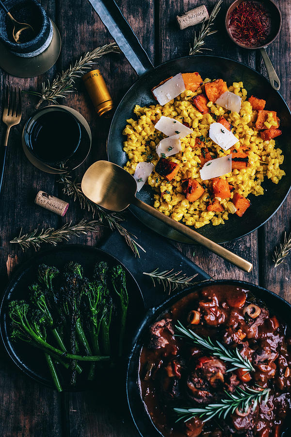 Samp Risotto With Saffron And Butternut And Lamb Knuckle Stew Photograph by Hein Van Tonder