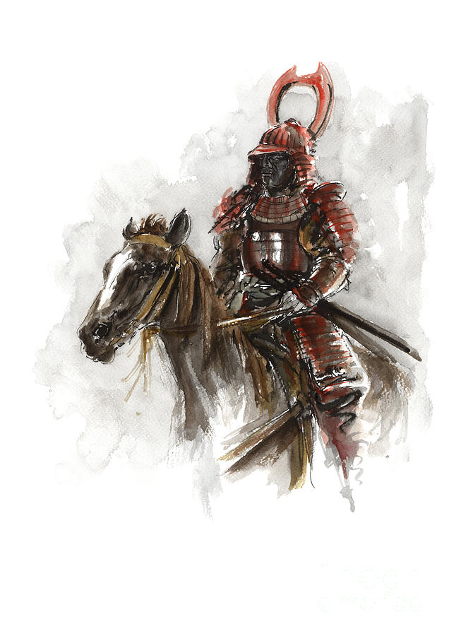 Sumi-e Painting - Samurai on Horse Painting, Samurai in Full Armor, Samurai Painting, Samurai Mask Poster, Zen Samurai by Mariusz Szmerdt