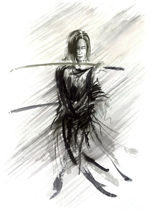 Zen Painting - Samurai In Rain Painting, Samurai Revenge Poster, Samurai With Sword Art, Samurai Wall Decor, Zen by Mariusz Szmerdt