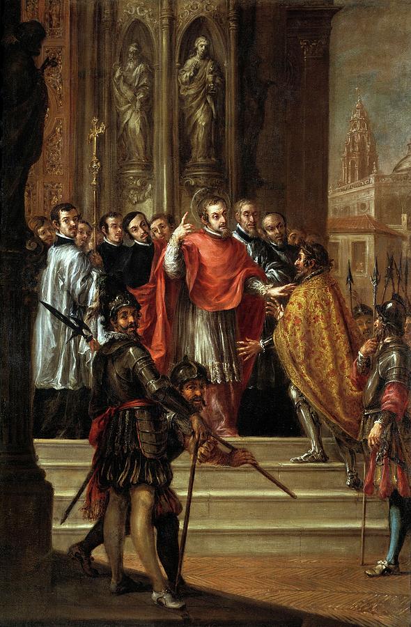 San Ambrosio negando al emperador Teodosio la entrada en el templo, ca. ... Painting by Juan de Valdes Leal -1622-1690- San Ambrosio negando al emperador Teodosio la entrada en el templo, ca. ... Painting by Juan de Valdes Leal -1622-1690-