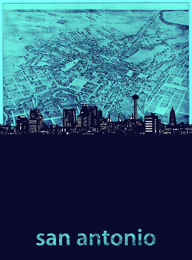 San Antonio Skyline Map Turquoise Digital Art by Bekim M
