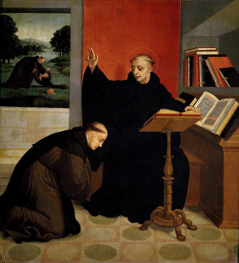San Benito bendiciendo a San Mauro, 1540-1545, Spanish School, Panel, 94... Painting by Juan Correa de Vivar -c 1510-1566-