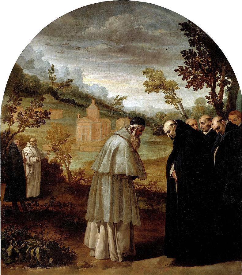 San Bruno se despide de San Hugo antes de su viaje a Roma, 1626-1632, Spanis... Painting by Vincenzo Carducci -c 1576-1638-