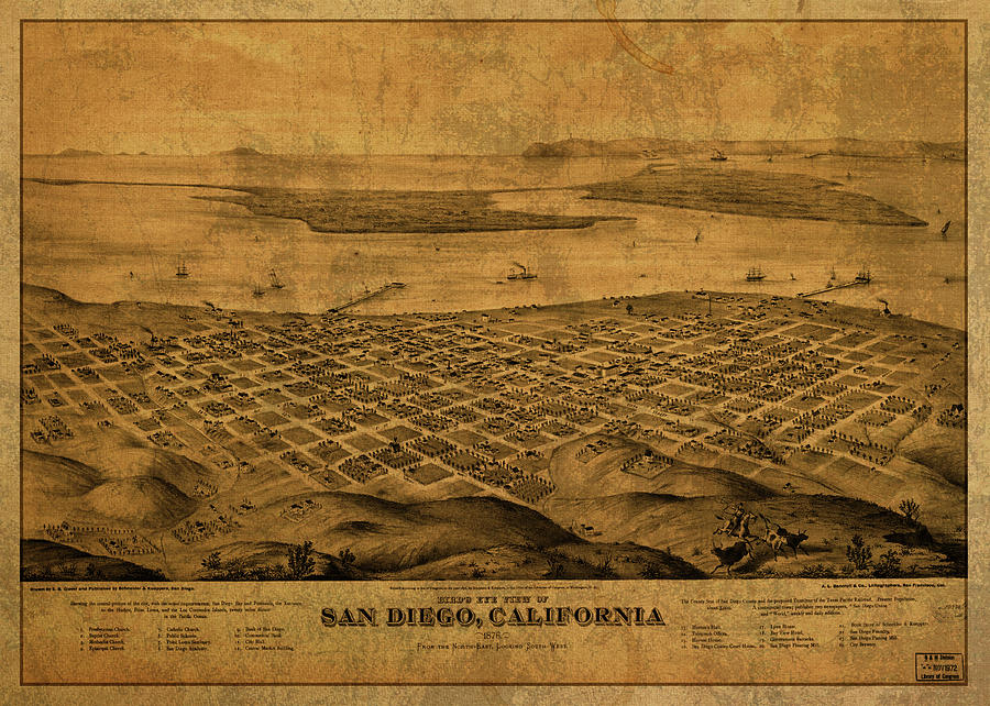 San Diego Mixed Media - San Diego California Vintage City Street Map 1876 by Design Turnpike