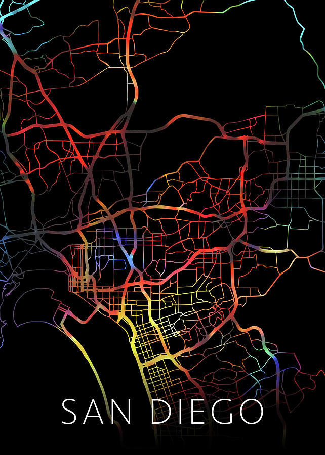 San Diego Mixed Media - San Diego California Watercolor City Street Map Dark Mode by Design Turnpike