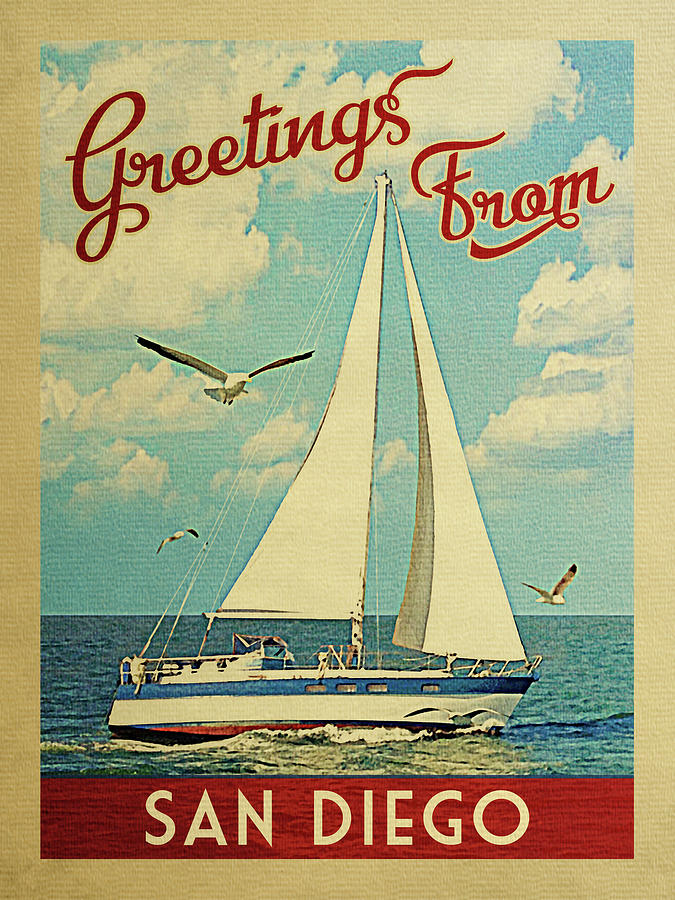 San Diego Sailboat Vintage Travel Digital Art by Flo Karp