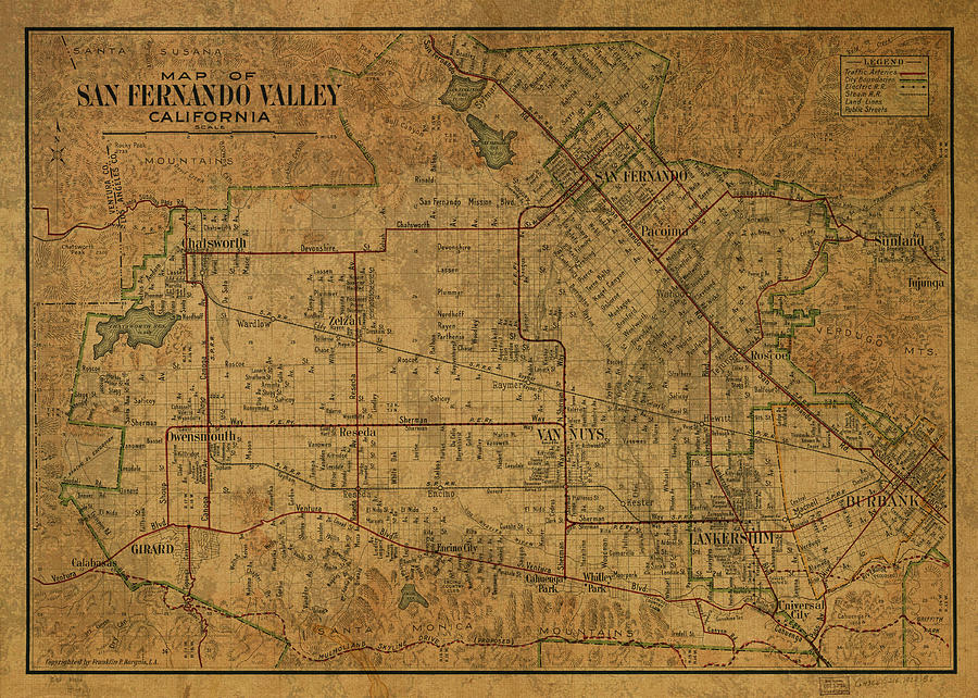 San Fernando Valley California Vintage City Street Map 1923 Mixed Media ...