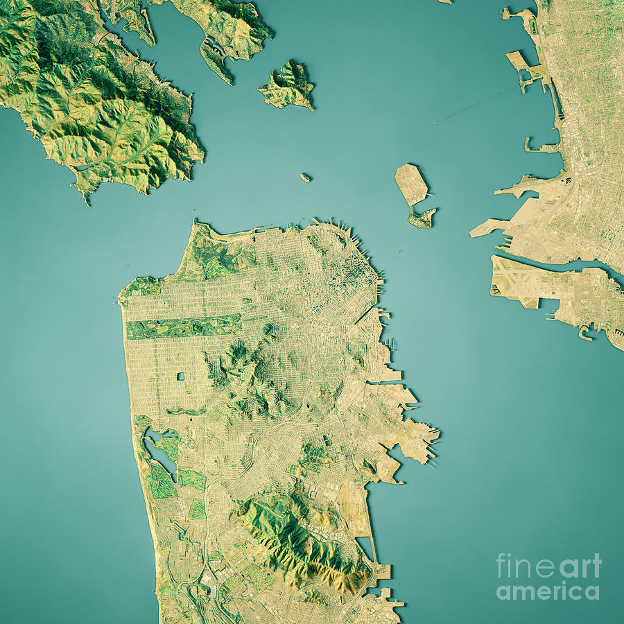 San Francisco 3D Render Topographic Map Color Digital Art by Frank