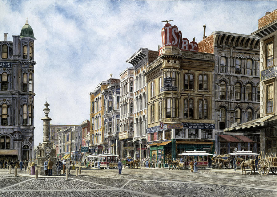 Vintage Painting - San Francisco:  Lattas Fountain, Market & Geary Sts. by Stanton Manolakas