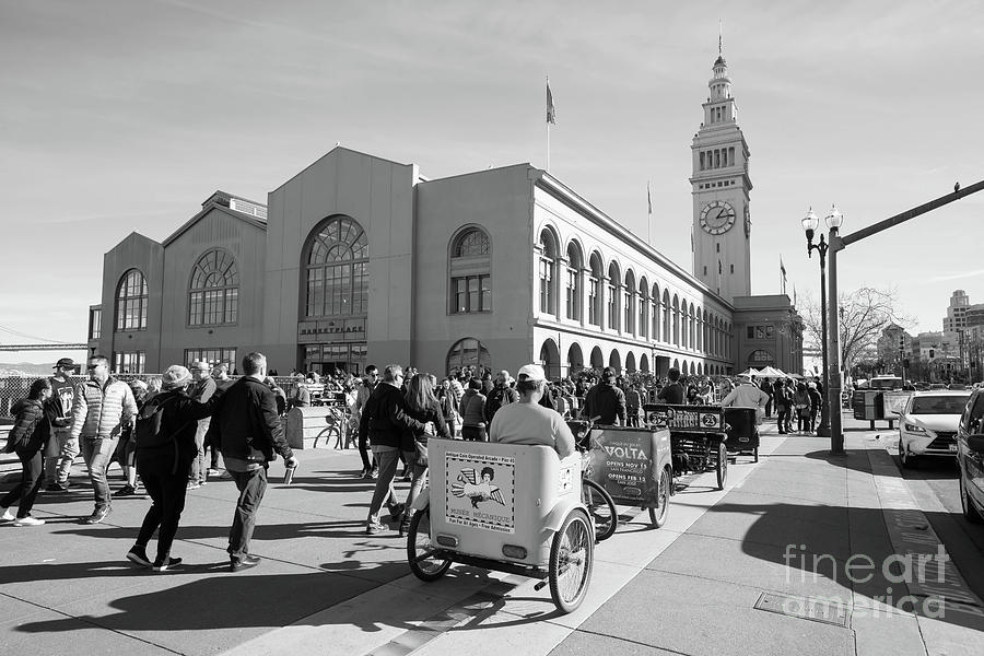 San Francisco Rickshaw Pedicab Brigade At The Ferry Building  On The Embarcadero DSC6764bw Photograph by Wingsdomain Art and Photography