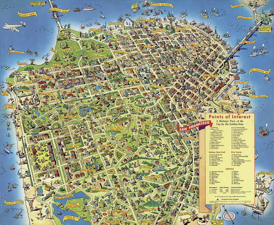 Vintage Digital Art - San Fransisco - Birds Eye View Map by Owl Gallery