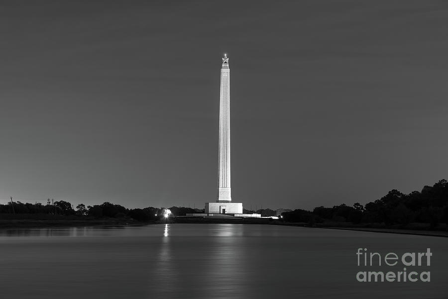 Black And White Photograph - San Jacinto Monument at Night B W by Bee Creek Photography - Tod and Cynthia