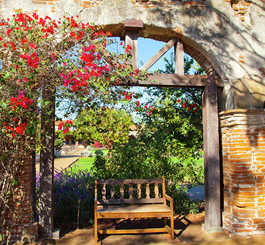 San Juan Capistrano California Mission Bench with Arch Photograph by Catherine Walters