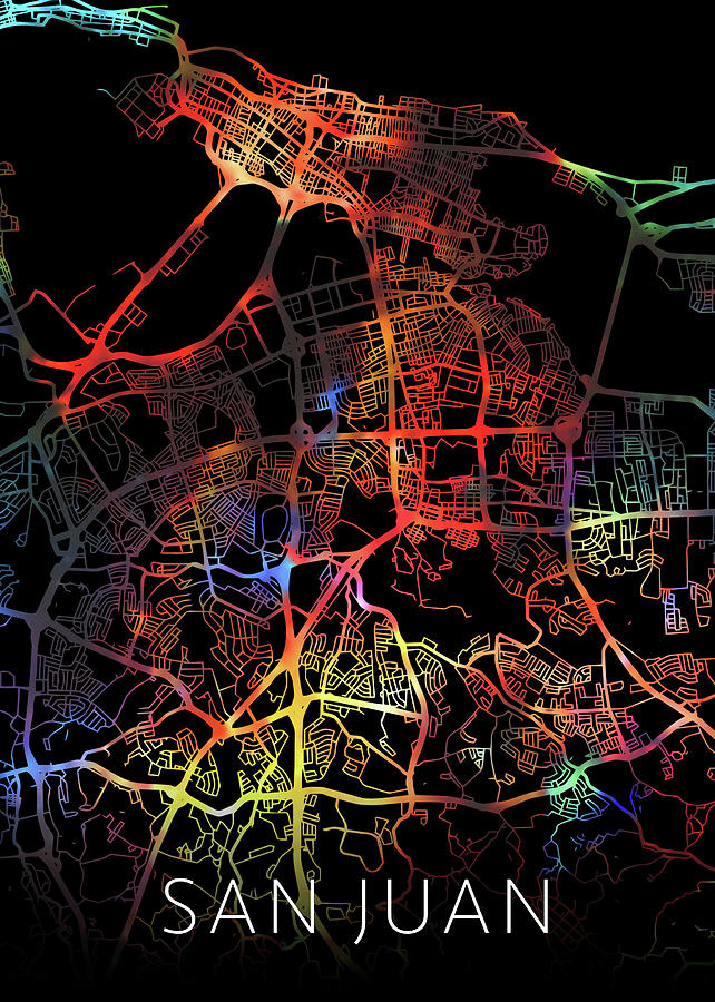 City Mixed Media - San Juan Puerto Rico Watercolor City Street Map Dark Mode by Design Turnpike