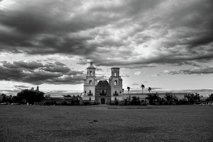San Xavier Mission del Bac Black and White Photograph by Chance Kafka