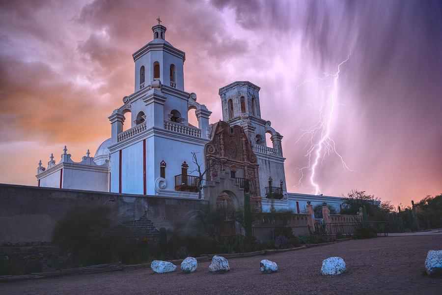 San Xavier Mission Lightning Photograph by Chance Kafka