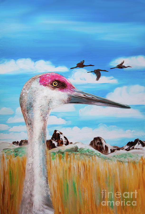 Sandhill Crane Teton View Painting by Shelley Myers