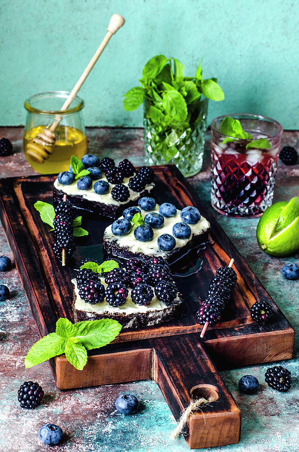 Sandwiches With Berries And Honey And Blackberry Non-alcoholic Mojito Photograph by Gorobina