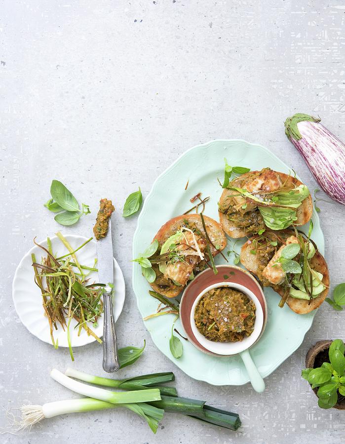Sandwiches With Spicy Eggplant And Chermoula Paste, Tofu And Fried Leeks Photograph by Great Stock!