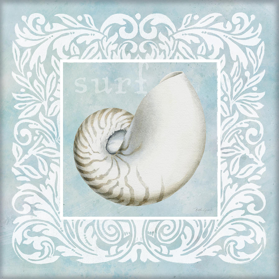 Aqua Painting - Sandy Shells Blue On Blue Nautilus by Beth Grove Aqua Painting - Sandy Shells Blue On Blue Nautilus by Beth Grove